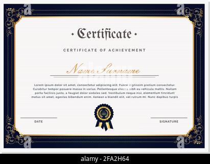 Certificate template in white with blue and gold color frame Stock Vector