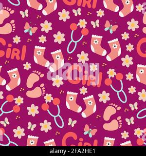 Cute baby footprints toys for baby seamless pattern, pink print for newborn girl, vector illustration in doodle style, cartoon Stock Vector