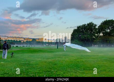 Field of Mars, Saint Petersburg. Russia. August 10, 2015. Staged shooting on the Champ de Mars on a foggy summer morning. Stock Photo