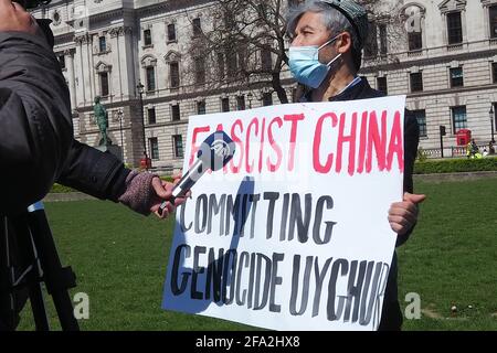 London, UK. 22nd Apr, 2021. Muslims, Christians and Jews protest outside Parliament against the genocide of the Uyghur people by China Credit: Brian Minkoff/Alamy Live News