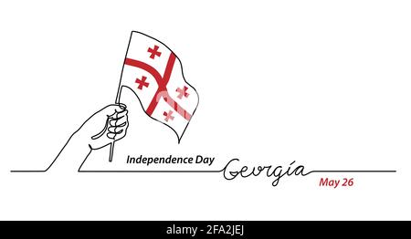 Georgia flag with hand. Independence day vector banner, background, poster. One continuous line drawing illustration with lettering Georgia Stock Vector