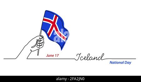 Iceland flag with hand. Independence day vector banner, background, poster. One continuous line drawing illustration with lettering Iceland Stock Vector