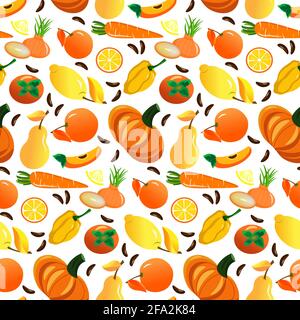Pepper and pumpkin, lemon and april, onion, persimmon. Pattern with yellow and orange vegetables and fruits. Stock Vector