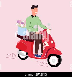 Smiling man courier riding a scooter with bouquet of roses. International women day. Flower delivery concept. Isolated flat vector illustration on Stock Vector