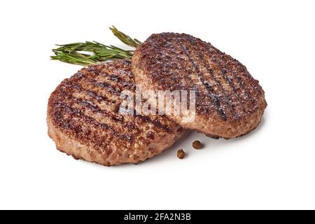 Grilled beef patties on white background Stock Photo