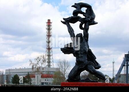 KYIV REGION, UKRAINE - APRIL 21, 2021 - The statue of Prometheus is pictured at the Chornobyl NPP, Kyiv Region, northern Ukraine. Stock Photo