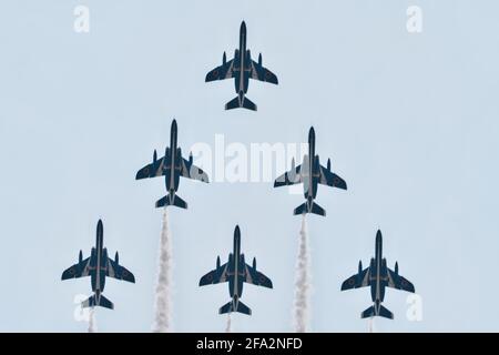 Tonami, Japan. 22nd Apr, 2021. The 'Blue Impulse' aerobatic demonstration team of Japan Air Self-Defence Force flies over during the opening ceremony for '70th Tonami Tulip Fair' at the Tonami Tulip Park in Tonami, Toyama-Prefecture, Japan on Thursday, April 22, 2021. The Blue Impulse performed for the first time in a year. Photo by Keizo Mori/UPI Credit: UPI/Alamy Live News Stock Photo