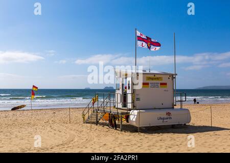 RNLI Lifeguard kiosk hut on Bournemouth beach at Bournemouth, Dorset UK on sunny day in April Stock Photo