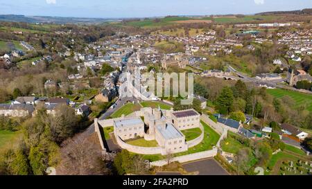 Aerial view from drone of Jedburgh Castle and Jail in Jedburgh, Scottish Borders, Scotland, UK