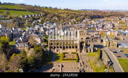 Aerial view from drone of Jedburgh Abbey ( closed during lockdown) in Jedburgh, Scottish Borders, Scotland, UK