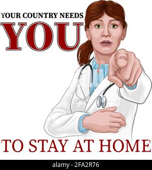 Doctor Woman Needs You Stay Home Pointing Poster Stock Vector