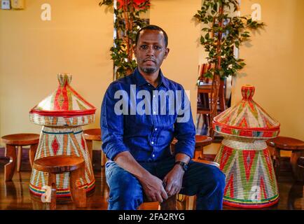 Minneapolis, United States. 22nd Apr, 2021. Solomon Hailie, owner of 'Bole' Ethiopian Restaurant, poses inside his restaurant in Minneapolis, Minnesota, on Tuesday, April 20, 2021. The restaurant was destroyed in the riots following the death of George Floyd in 2020, and the community raised over $100,000 to help with rebuilding. 'I wanted to create a safe place for everybody of all races, all human beings and I believe Ethiopian food helps to create such a place', said Hailie. Photo by Jemal Countess/UPI Credit: UPI/Alamy Live News Stock Photo