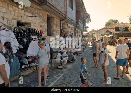 street trade and tourists in the old town of Nessebar, Bulgaria. Stock Photo