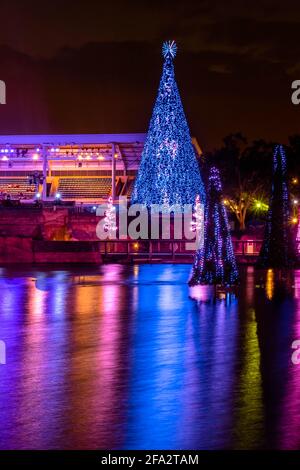 Orlando, Florida. November 25, 2020. Panoramic view of colorful and illuminated Christmas Trees at Seaworld (20) Stock Photo