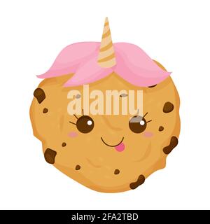 Comic, cute kawaii cookie unicorn with horn, chocolate chips in cartoon style isolated on white background. Delicious character, dessert. Vector illus Stock Vector