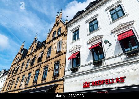 Lund, Sweden - August 30, 2019: Facade of old classic buildings in the historical center of Lund, Scania, Sweden Stock Photo