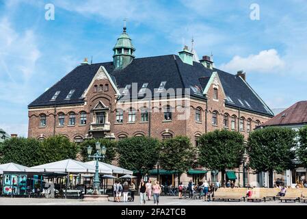 Lund, Sweden - August 30, 2019: Stortorget square with restaurants and people around in Lund, Scania, Sweden Stock Photo