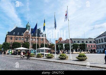 Lund, Sweden - August 30, 2019: Stortorget square with shops and people around in Lund, Scania, Sweden Stock Photo