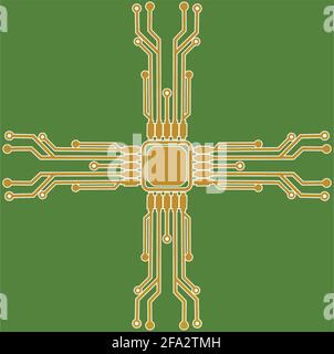 Flat Microelectronics Circuits. Circuit board vector, green background. Stock Vector