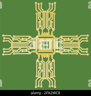 Flat Microelectronics Circuits. Circuit board vector, green background. Stock Vector