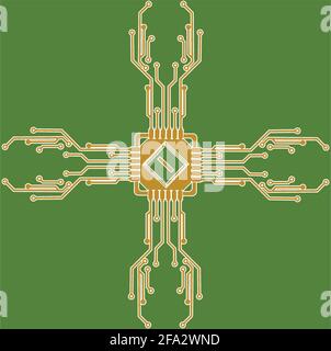 Flat Microelectronics Circuits. Circuit board vector, green background. Stock Vector