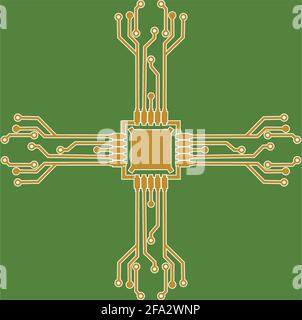 Flat Microelectronics Circuits. Circuit board vector, green background. Stock Vector