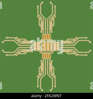 Flat Microelectronics Circuits. Circuit board vector, green background. Stock Vector
