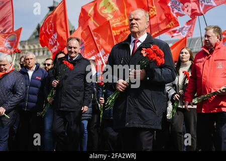 Moscow, Russia. 22nd Apr, 2021. Russian communist leader Gennady Zyuganov attends a flower laying ceremony at Vladimir Lenin's mausoleum to mark the 151th anniversary of the revolutionary leader's birth in Moscow, Russia, on April 22, 2021. Credit: Evgeny Sinitsyny/Xinhua/Alamy Live News Stock Photo