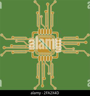 Flat Microelectronics Circuits. Circuit board vector, green background. Stock Vector