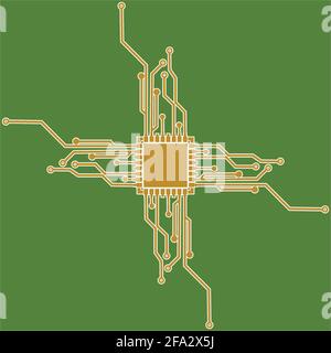 Flat Microelectronics Circuits. Circuit board vector, green background. Stock Vector