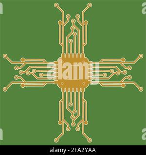 Flat Microelectronics Circuits. Circuit board vector, green background. Stock Vector