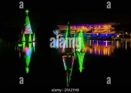Orlando, Florida. November 20, 2020. Christmas trees reflecting in lake at Seworld (32) Stock Photo