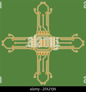 Flat Microelectronics Circuits. Circuit board vector, green background. Stock Vector