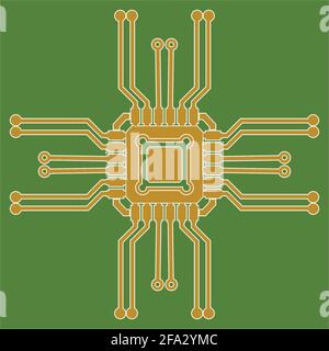 Flat Microelectronics Circuits. Circuit board vector, green background. Stock Vector