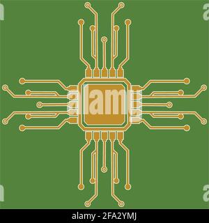 Flat Microelectronics Circuits. Circuit board vector, green background. Stock Vector