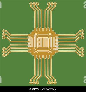 Flat Microelectronics Circuits. Circuit board vector, green background. Stock Vector