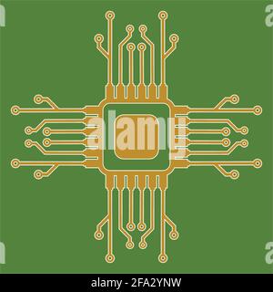 Flat Microelectronics Circuits. Circuit board vector, green background. Stock Vector