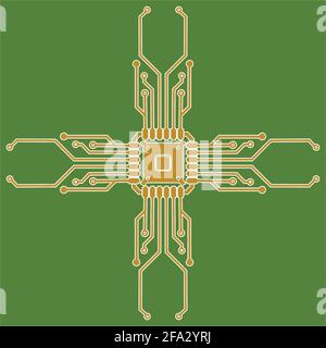 Flat Microelectronics Circuits. Circuit board vector, green background. Stock Vector