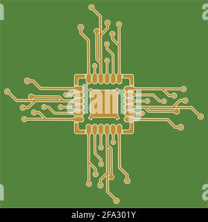Flat Microelectronics Circuits. Circuit board vector, green background. Stock Vector