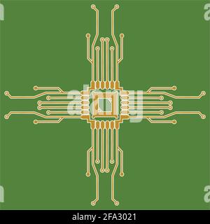 Flat Microelectronics Circuits. Circuit board vector, green background. Stock Vector