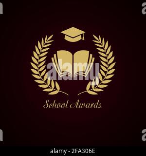 Educational awards logotype concept. Gold wreath, notebook and graduating hat. Creative school prize. Isolated abstract graphic design template. Nomin Stock Vector