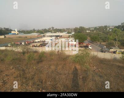 PITHAM, INDIA - Apr 10, 2021: Pithampur, madhya pradesh, india - april 10, 2021 : Top view of an automobile company plant, pictures was taken from hil Stock Photo