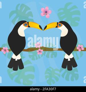 A cute couple of toco toucans sitting together on a branch. Their beaks touch. In the background are monstera leafs and pink blossom flowers. Tropical Stock Vector