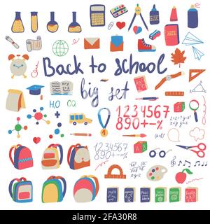 Back to school big colorful set in flat style. Cartoon hand drawn vector illustration Stock Vector