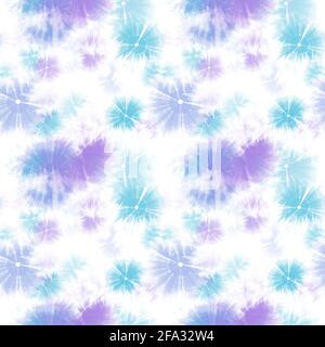 Abstract seamless tie-dye pattern textile print. Fresh fashion texture in colors turquoise, violet, blue on white background. Watercolor design Stock Photo