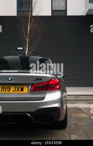A 2019 Donington Grey BMW M5 Competition Pack With With Gloss Black Trim And Gloss Black M Badges Stock Photo