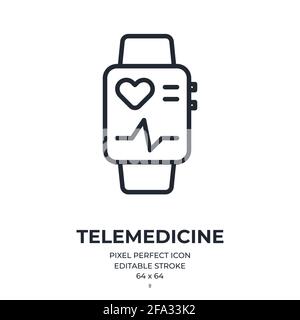 Fitness tracker smart watch and telemedicine concept editable stroke outline icon isolated on white background flat vector illustration. Pixel perfect Stock Vector