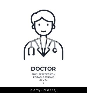 Male doctor editable stroke outline icon isolated on white background flat vector illustration. Pixel perfect. 64 x 64. Stock Vector