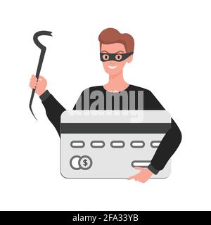 Vector of thief holding a credit card. Hacker stealing credit card data ...