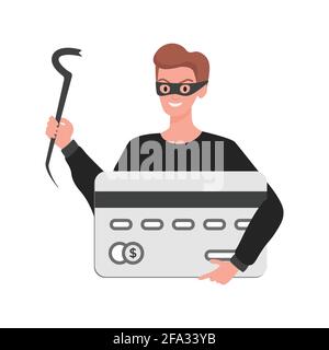 Thief in mask holding credit card in hand vector flat illustration isolated on white background. Stealing personal data, robber, or burglar sneaking money. Financial crime, robbery concept. Stock Vector